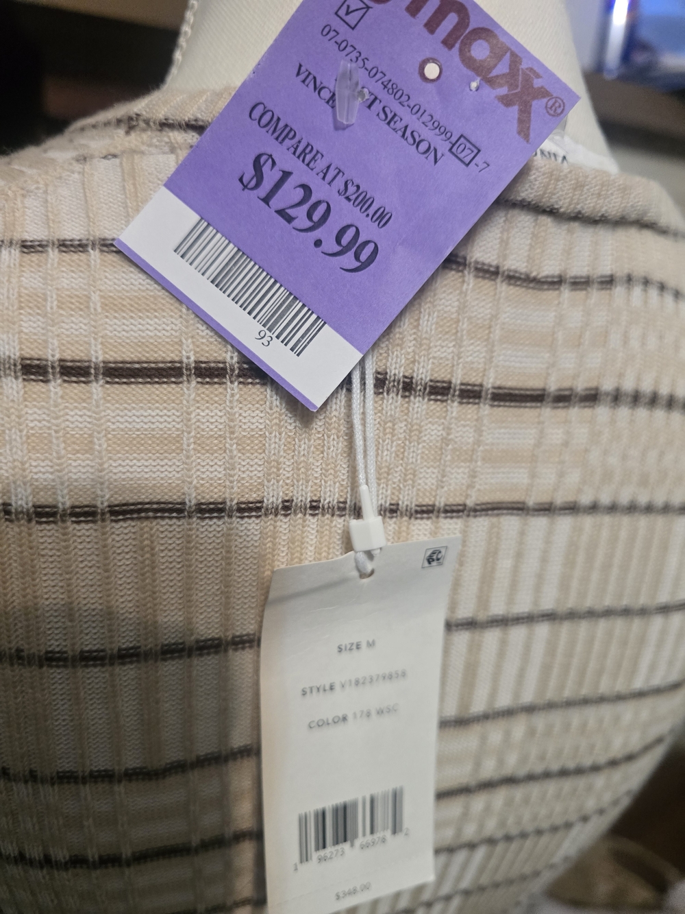 Vince Cream Ribbed Quarter-Sleeve Crewneck Top with Brown Stripes - Picture 6 of 7